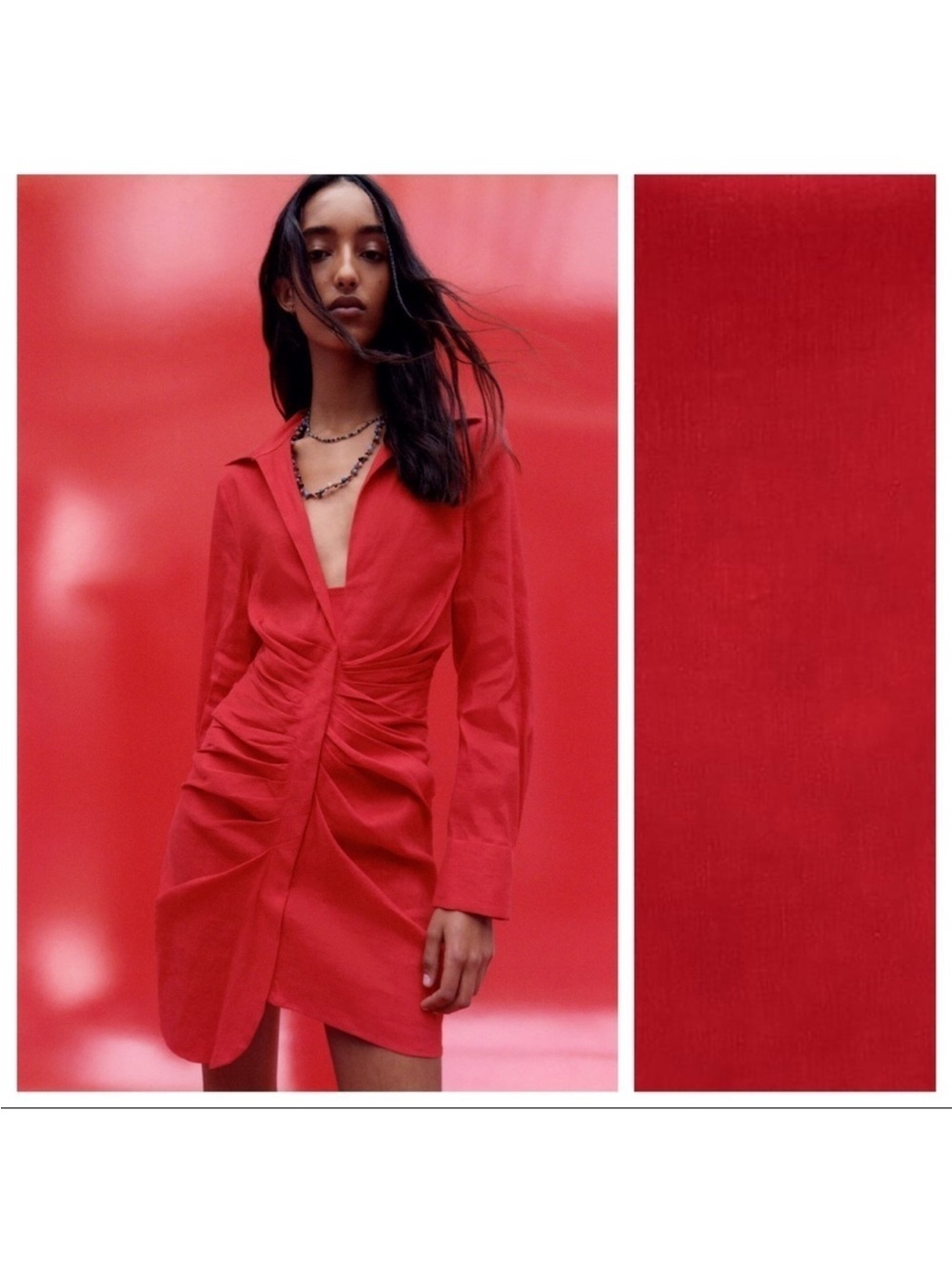Zara Red Ruched V-Neck Long-Sleeve Mini Dress